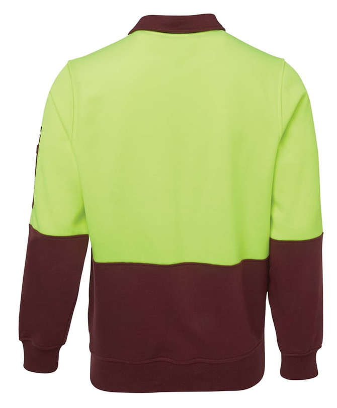 A fleece pullover featuring a bright yellow-green upper section and a brown lower section, with a logo on the arm.