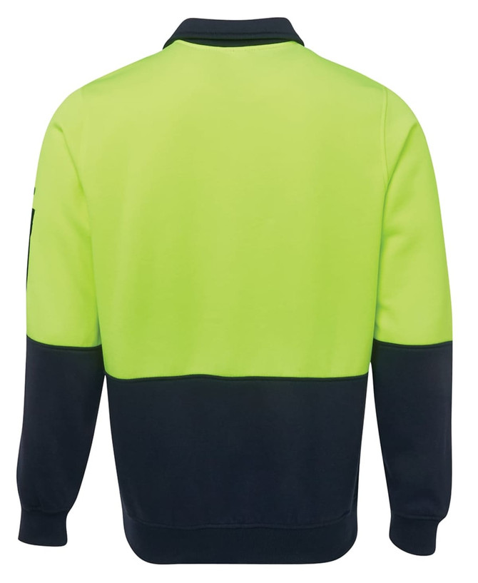A fleece jumper in bright yellow and navy, featuring a collar and long sleeves, with a logo on the sleeve.