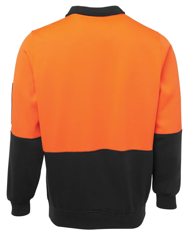 A fleece work jumper in orange and black with a logo, featuring a half-zip collar and long sleeves.