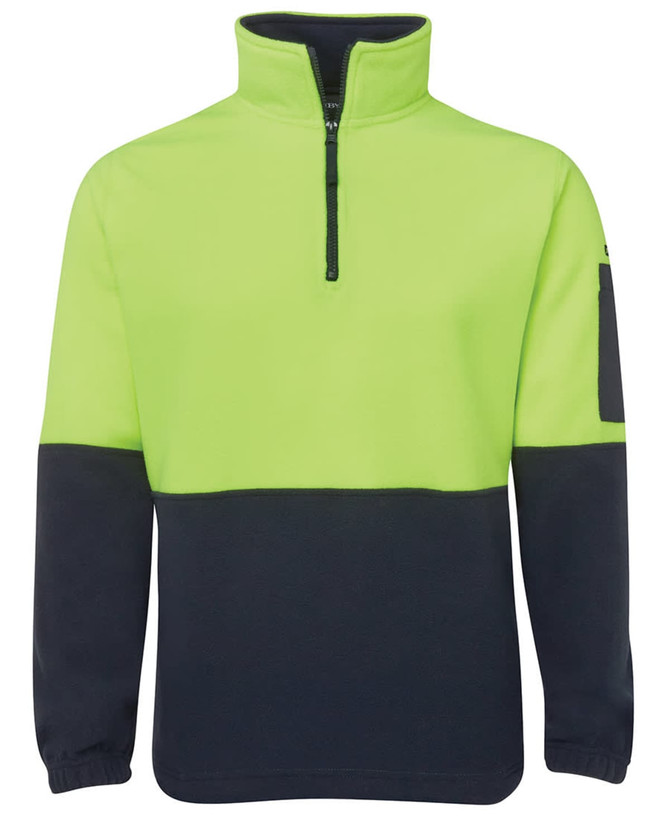 A high-visibility polar fleece pullover in bright lime green and navy, featuring a zip neck and a side pocket.