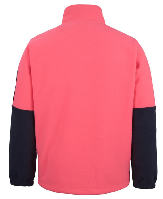 A polar fleece jacket in pink with navy sleeves, featuring a high collar and a plain back design.