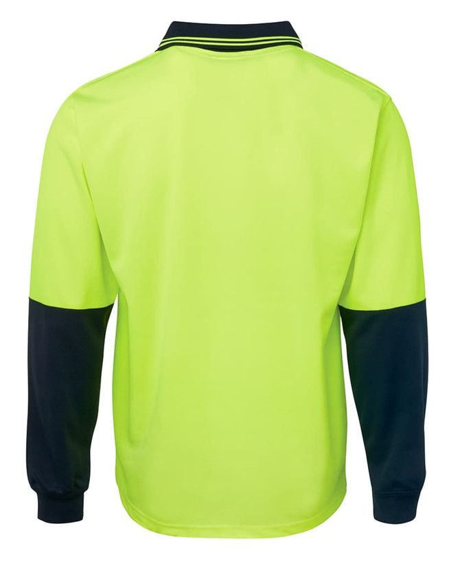 A long-sleeved polo shirt in high visibility yellow with navy blue sleeves and a collar. Features a brand logo.