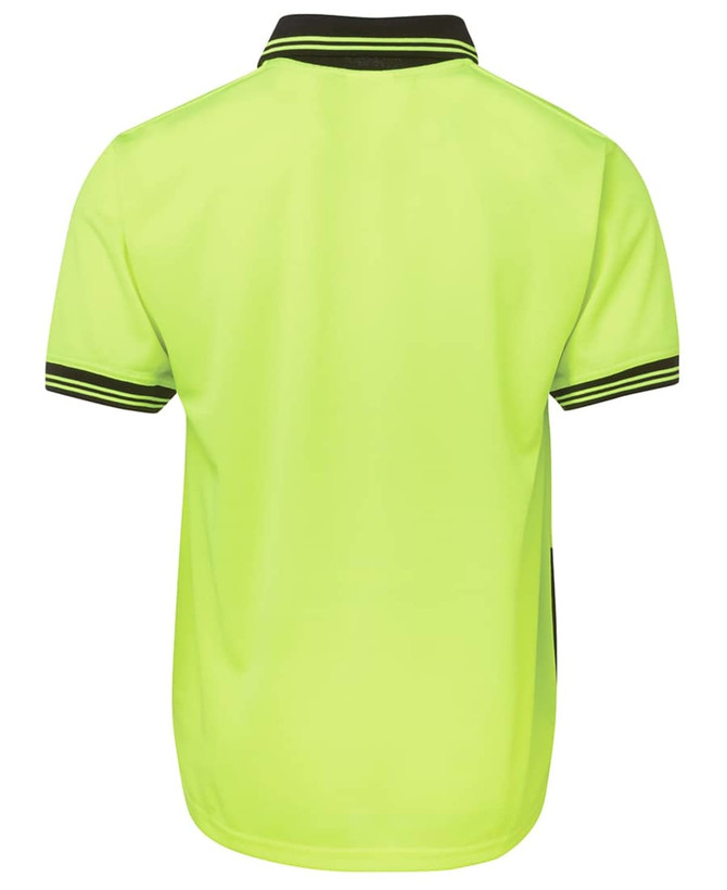 A back view of a short-sleeved, high-visibility yellow polo shirt with contrasting black details and a logo.
