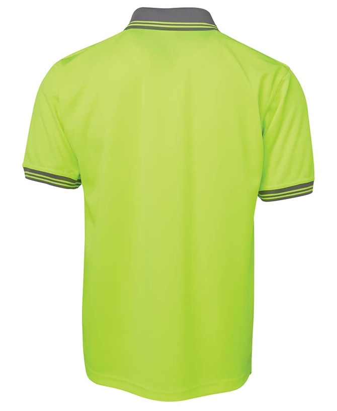A bright yellow work polo shirt featuring contrasting grey accents and a logo.