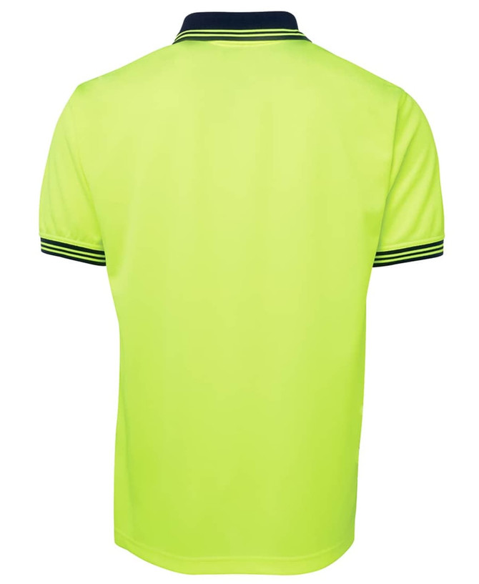 A bright yellow short-sleeve polo shirt featuring a contrasting collar and sleeve stripes, with a logo.