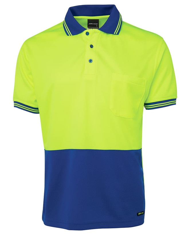 A polo shirt in high visibility yellow and blue, featuring a collar, pocket, and branding.