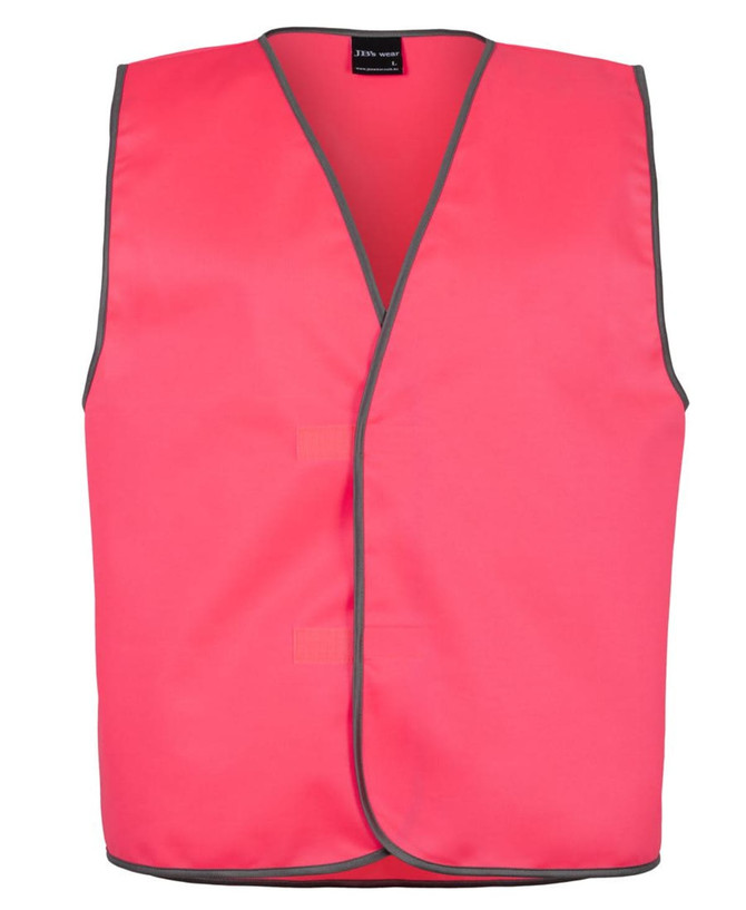 A bright pink safety vest featuring grey trim and no sleeves, including a logo.