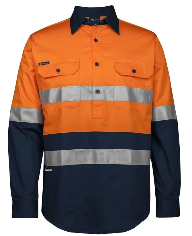 An orange and navy long-sleeve work shirt featuring reflective stripes and two front pockets, with branding.
