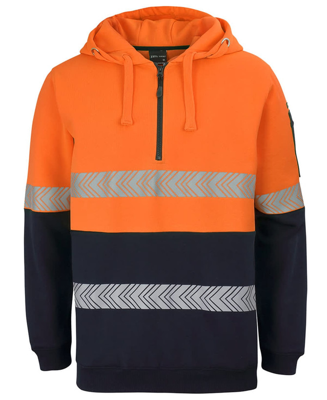 An orange and navy hoodie with segmented reflective tape and a front half-zip design. The hoodie features a hood and has a logo.