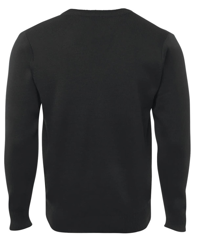 A black knitted jumper with long sleeves and a simple design, featuring a back view. It has a branding logo.
