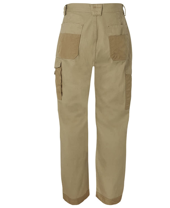 A pair of navy cargo pants featuring multiple pockets and a logo. The pants have a straight-leg design.