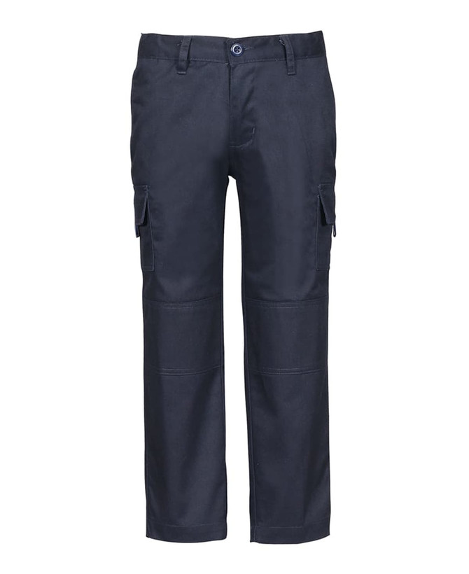 Navy cargo pants featuring multiple pockets and a logo on the waistband.