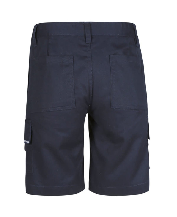 A pair of black cargo shorts featuring multiple pockets and a logo on the side.