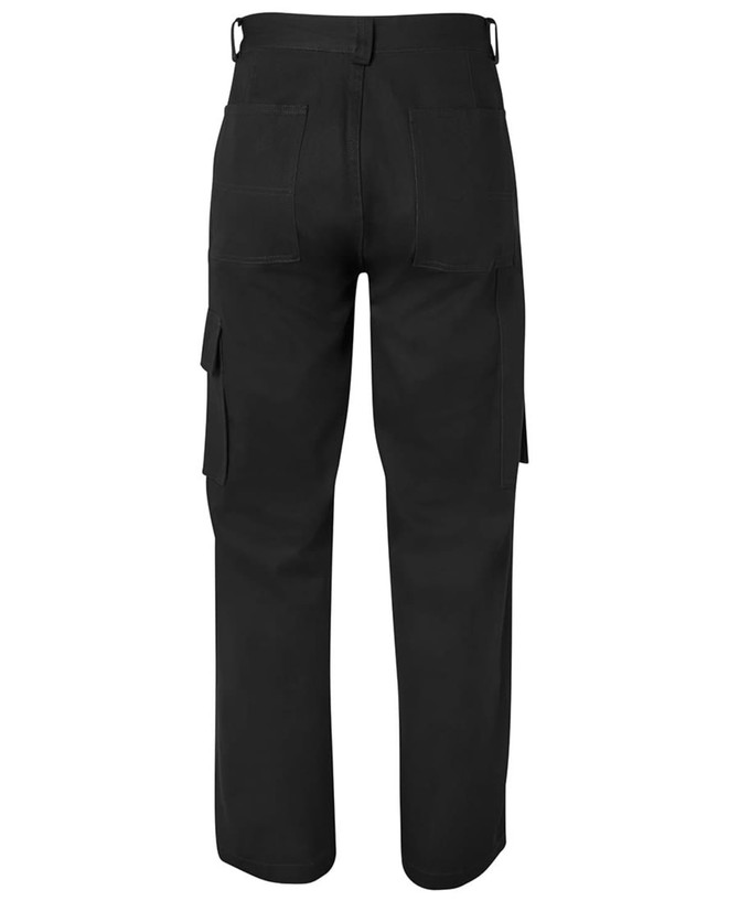 Black cargo pants featuring multi pockets, with a logo on the back. View shows the rear design and fit.