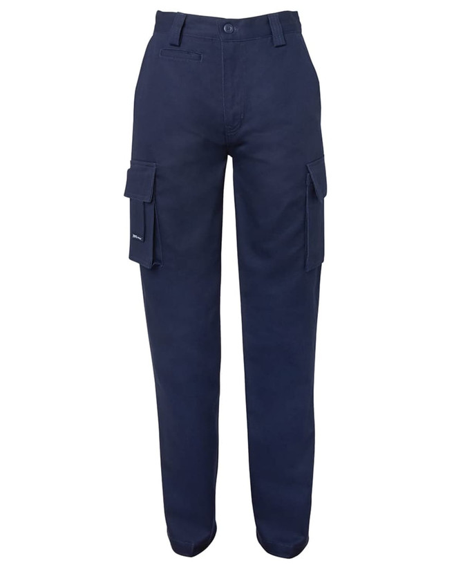Navy cargo pants with multiple pockets and a straight cut design. Features a waistband with a button closure.