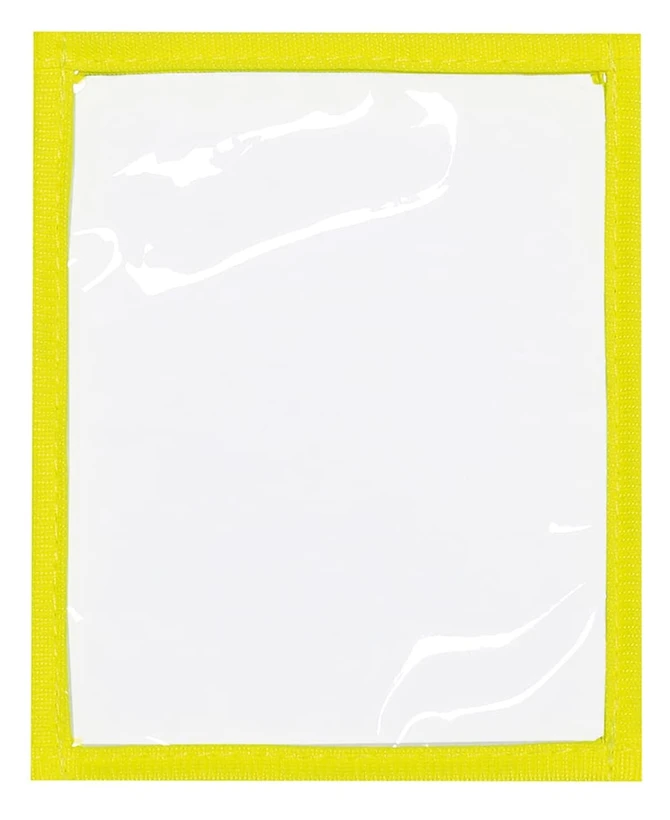 A transparent plastic pocket with a bright yellow border, suitable for holding documents.