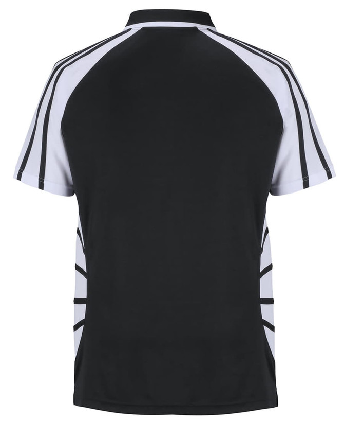 A black and white polo shirt featuring a distinctive design and a logo on the upper back.
