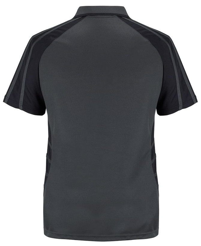 A dark grey polo shirt with black accents, featuring a logo on the back.
