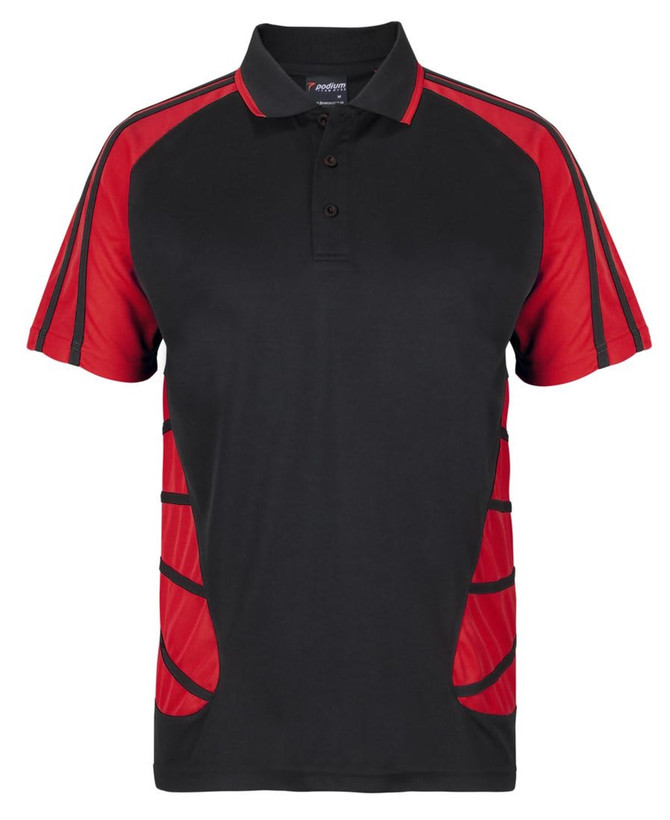 A black and red polo shirt featuring a logo and contrasting side panels.