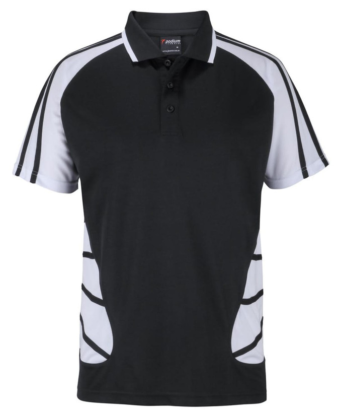 A black and white polo shirt featuring a sporty design and a logo on the upper front.
