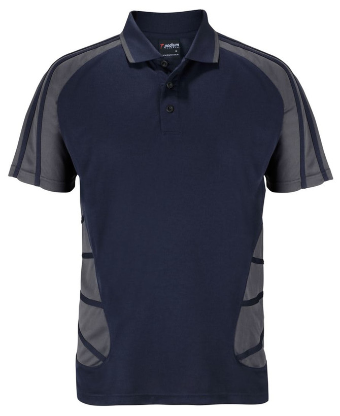 A navy polo shirt with grey accents and a logo, featuring a classic collar and short sleeves.