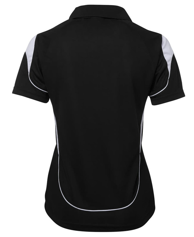A black women's polo shirt featuring white accents and a logo on the back.
