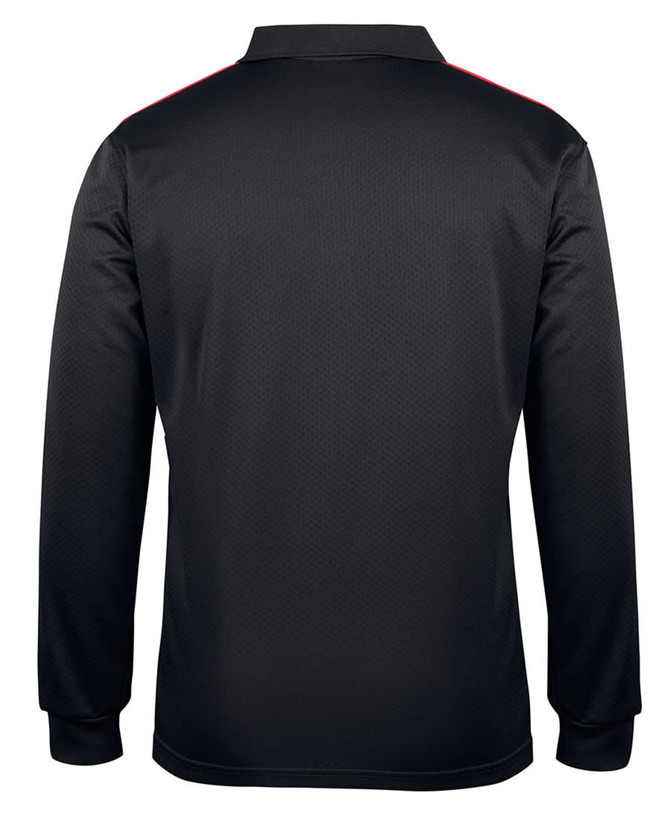 A black long-sleeve polo shirt featuring a subtle texture and red accents on the shoulder, with a logo present.
