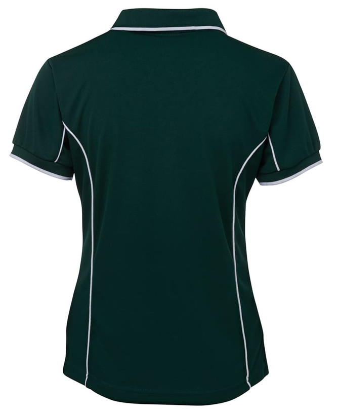 A dark green women's polo shirt featuring contrasting piping and a classic collar, with a logo on the back.