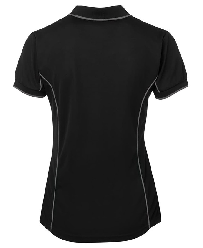 A black polo shirt with piping details and a logo, featuring a tailored fit for women.