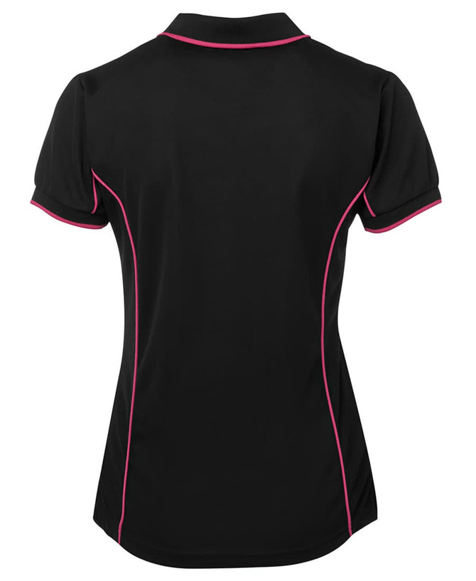 A black polo shirt with pink piping, featuring a fitted design and a collar. It includes a logo on the back.