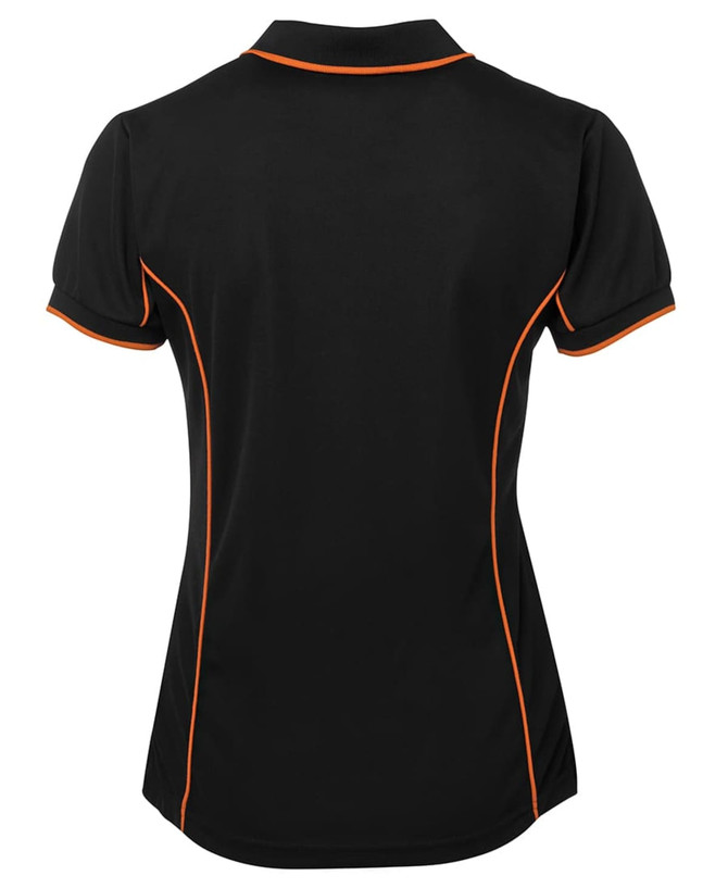 A black polo shirt with orange piping, featuring a fitted design and short sleeves. It has a logo on the design.