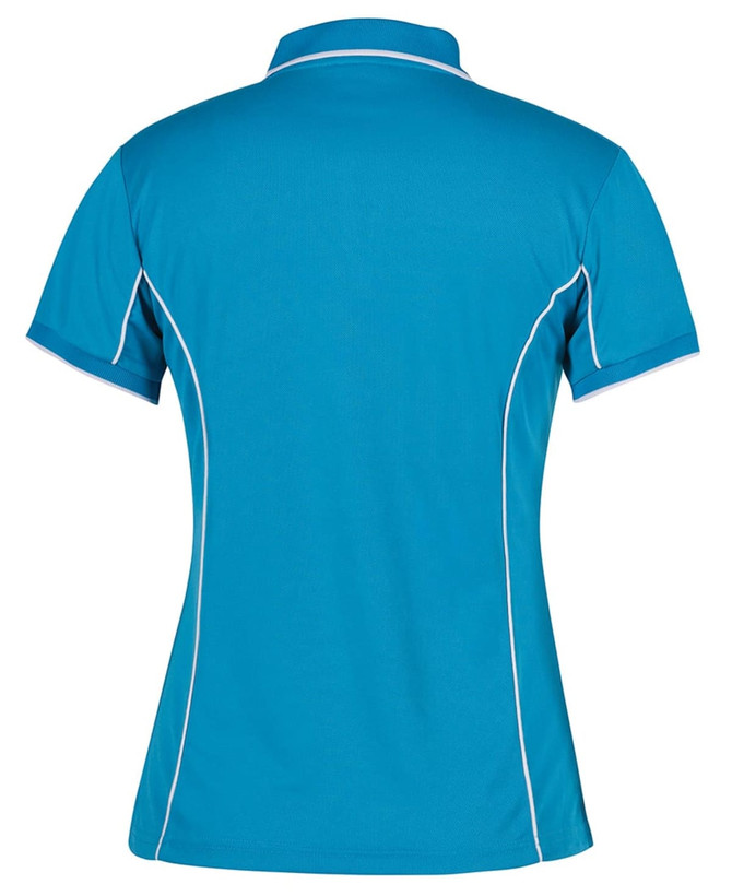 A women's polo shirt in vibrant blue with white piping details and a logo.