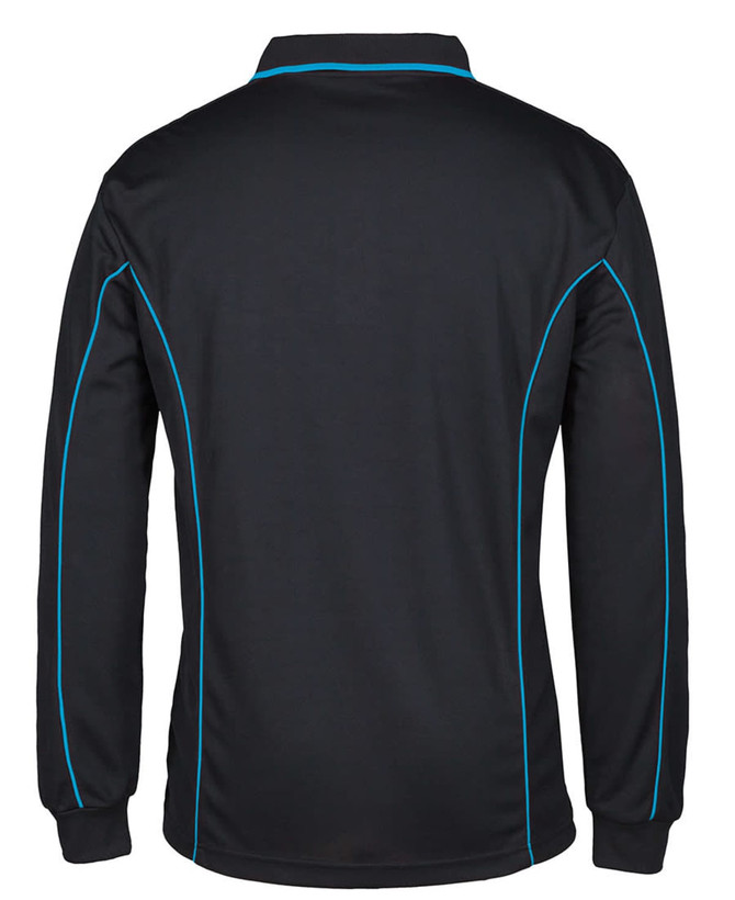 A black long-sleeve polo shirt with blue piping, featuring a collar and a logo.