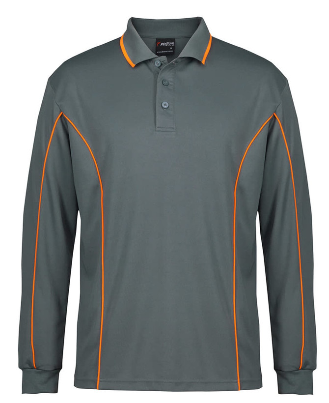 A long-sleeve polo shirt in grey with contrasting orange piping and a collar. Features a logo on the chest.