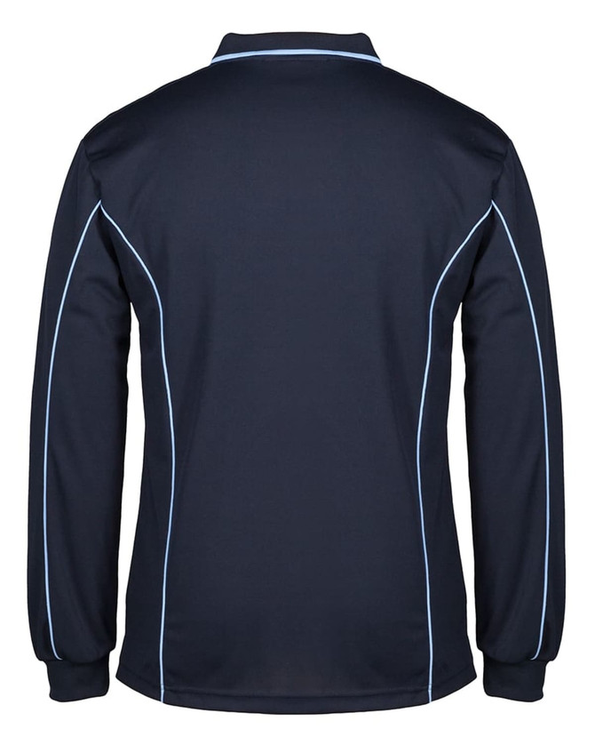 A navy long-sleeve polo shirt with light blue piping and a logo on the back.