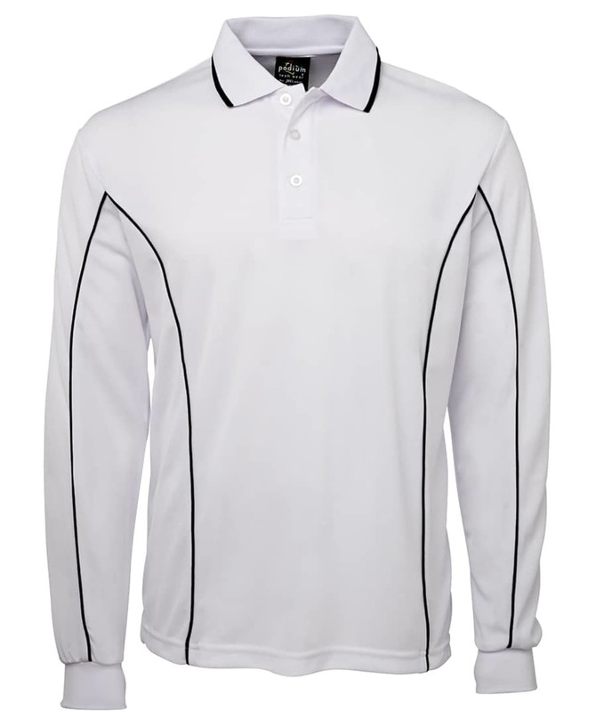 A long sleeve white polo shirt with black piping and a collar, featuring a logo on the chest.
