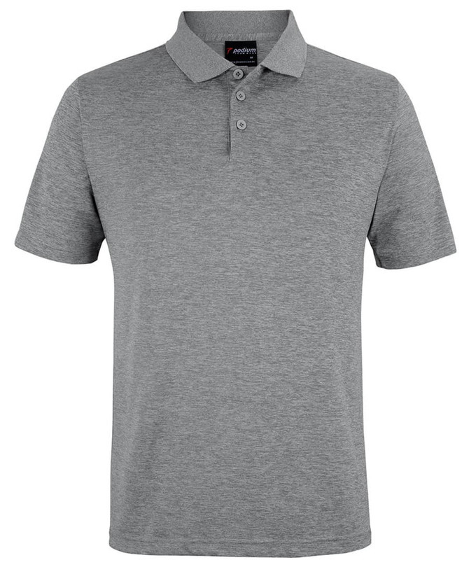 A black marle polo shirt with a collared neckline and three buttons, featuring a logo on the label.