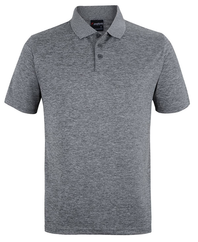 A black marle polo shirt with a classic collar and three-button placket, featuring a logo on the inside.