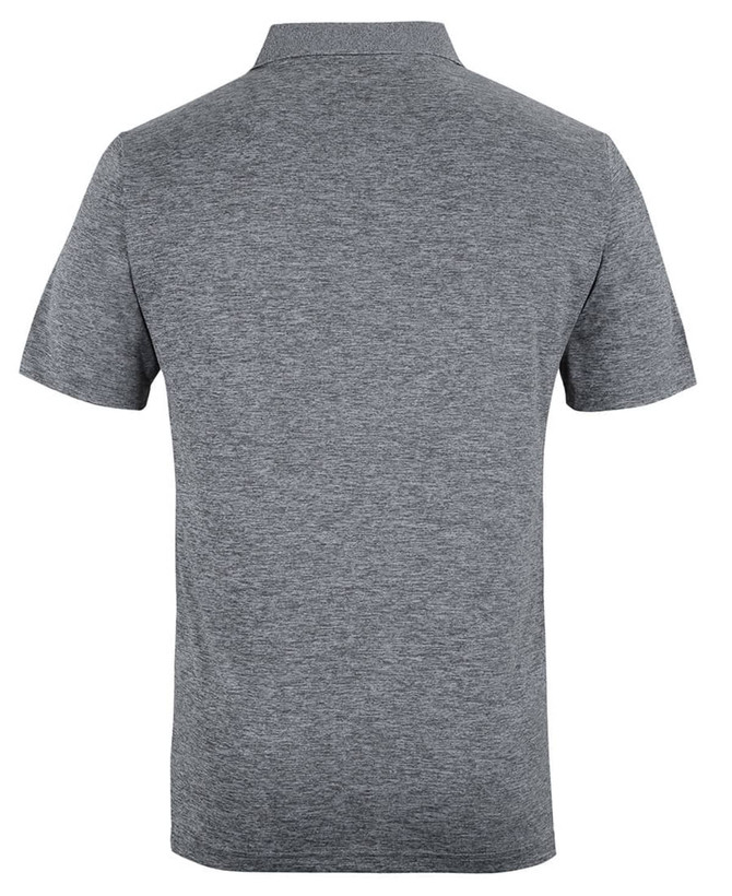 A black marle polo shirt with a short sleeve and a collar, featuring a logo on the shirt.