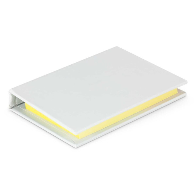 A sticky note pad featuring a yellow pad encased in a sleek white cover.