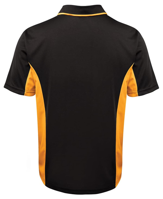 A black and gold polo shirt featuring a stylish design and a logo on the back.