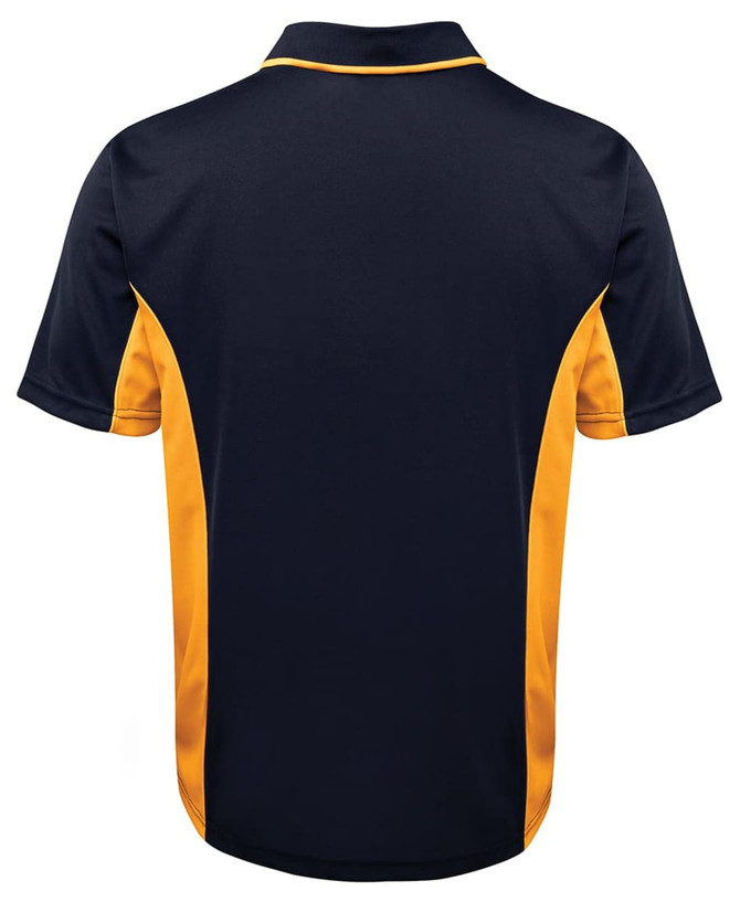 A polo shirt in navy blue with yellow side panels and a logo on the chest. Back view shown.
