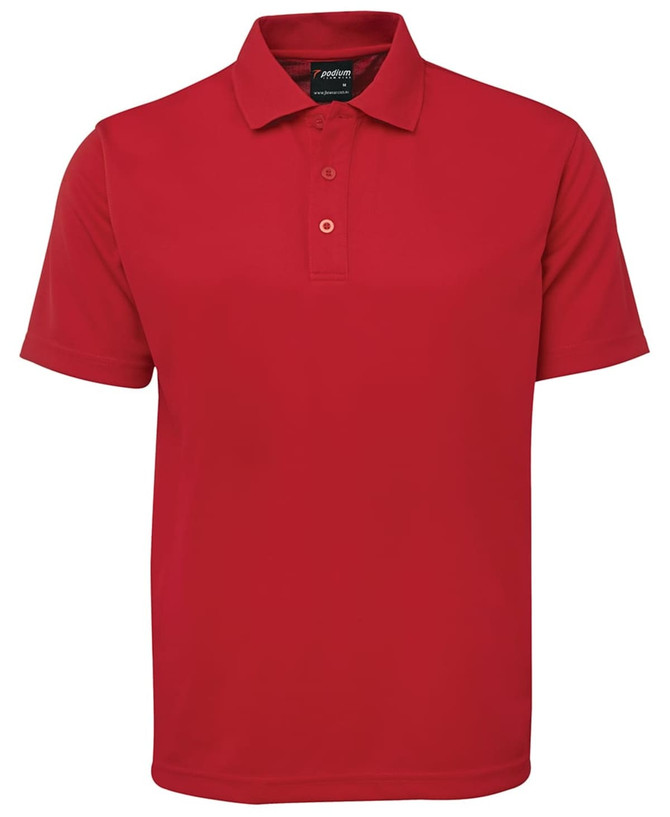 A red polo shirt with a collar, short sleeves, and three buttons, featuring a logo.