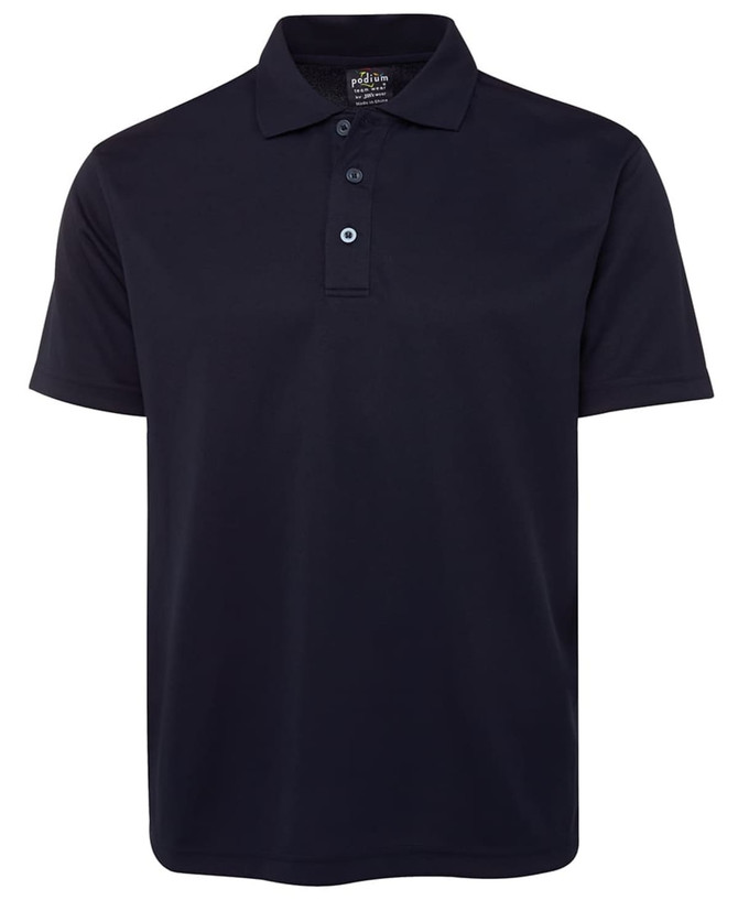 A navy blue polo shirt with a three-button placket and a collar. It features a logo on the chest.