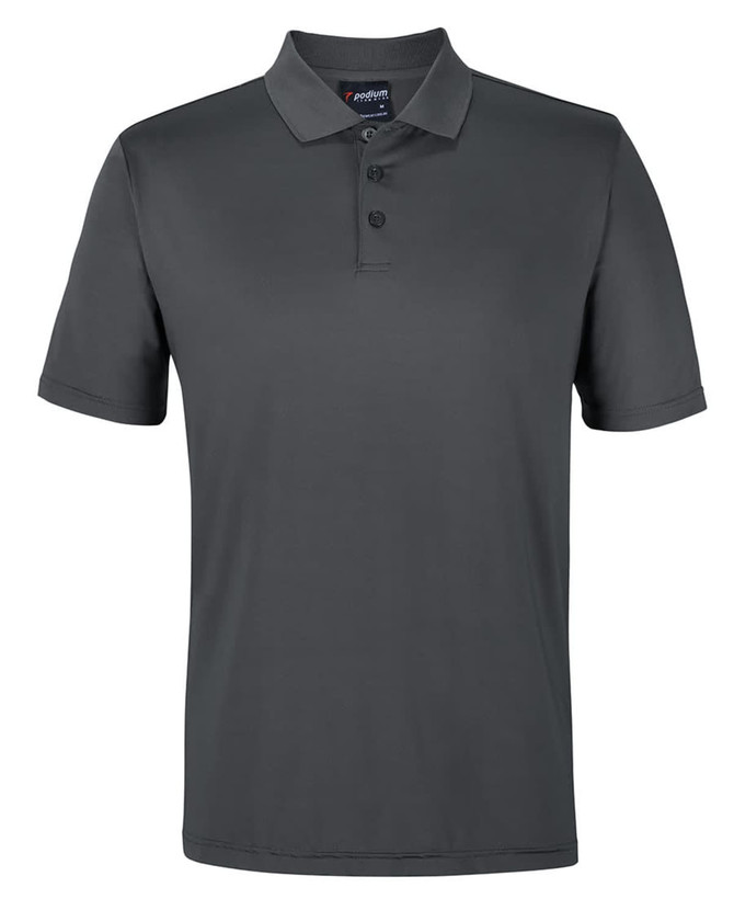A grey polo shirt with a classic collar and three-button placket, featuring a logo.