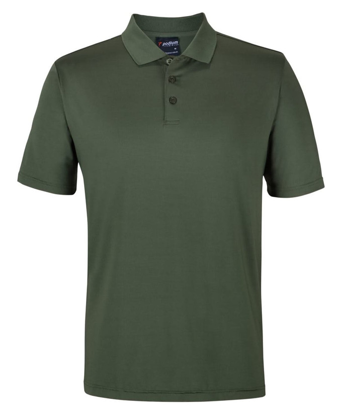 A green polo shirt with a collar, featuring three buttons and a logo on the label.