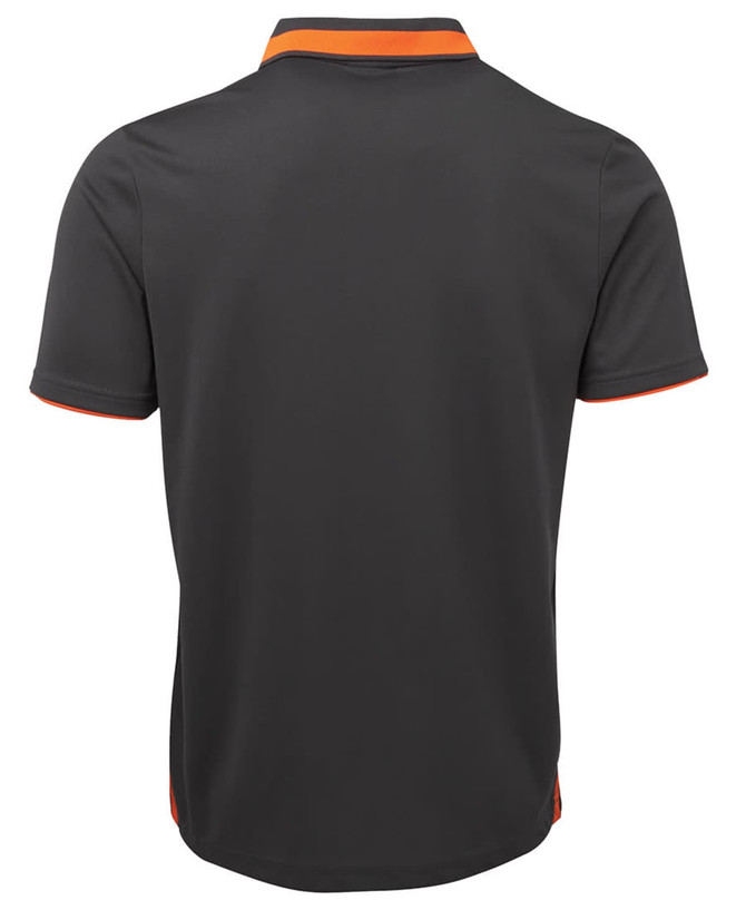 A grey polo shirt with orange accents and a logo on the back.