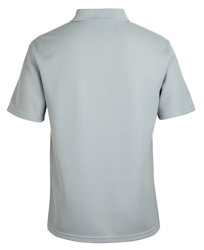 A light grey polo shirt featuring a waffle texture and a collar, with a logo on the back.