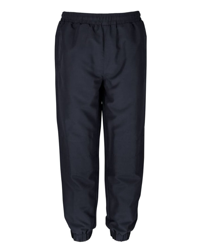 Track pants in dark navy with an elastic waistband and cuffs, featuring a logo on the waistband.