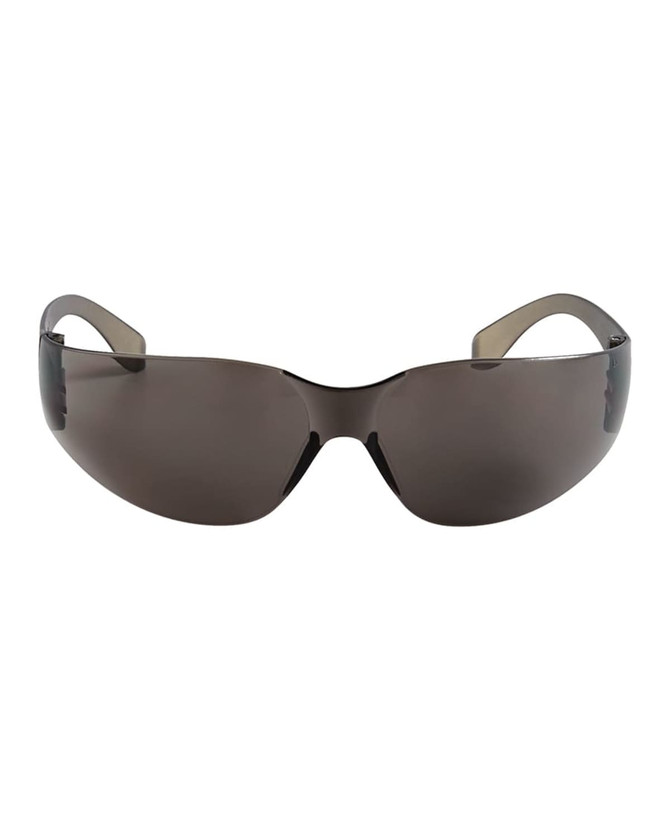 Sunglasses in a sleek design with dark lenses and grey frames, featuring a logo on the side.